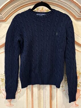 Ralph Lauren Blue Label Vintage Cable-Knit Navy Sweater Wool Cashmere Blend Sz S